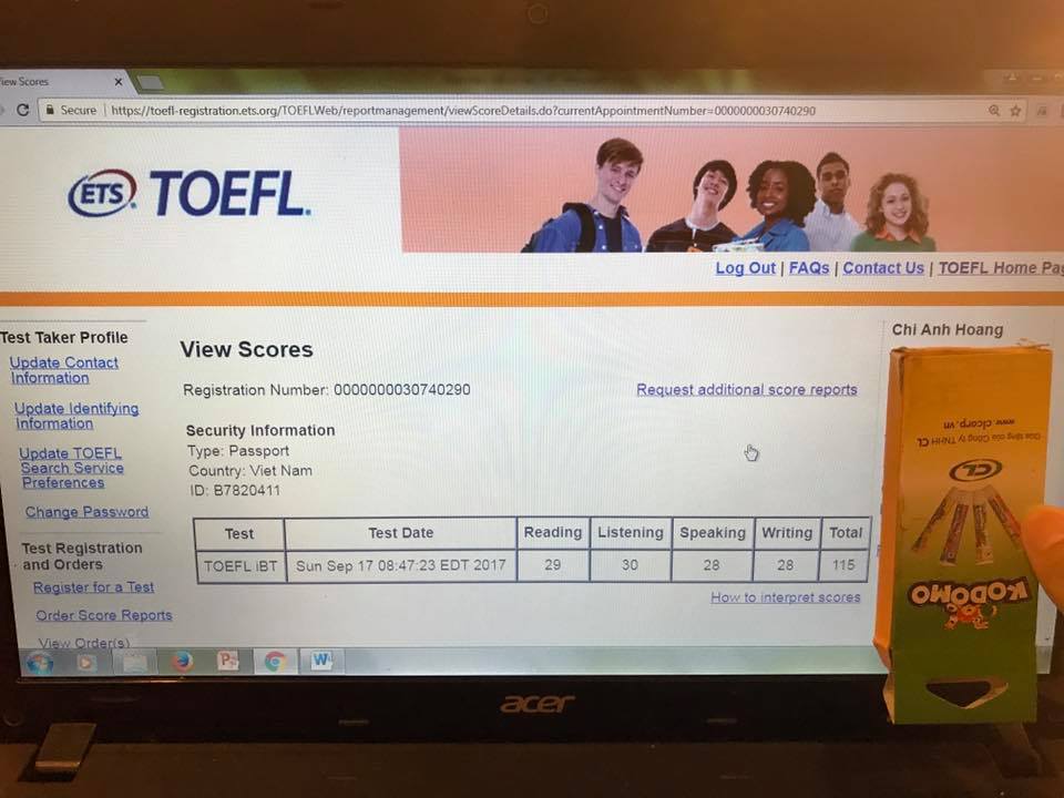 Kết quả thi TOFLE năm 13 tuổi của Anh Chi